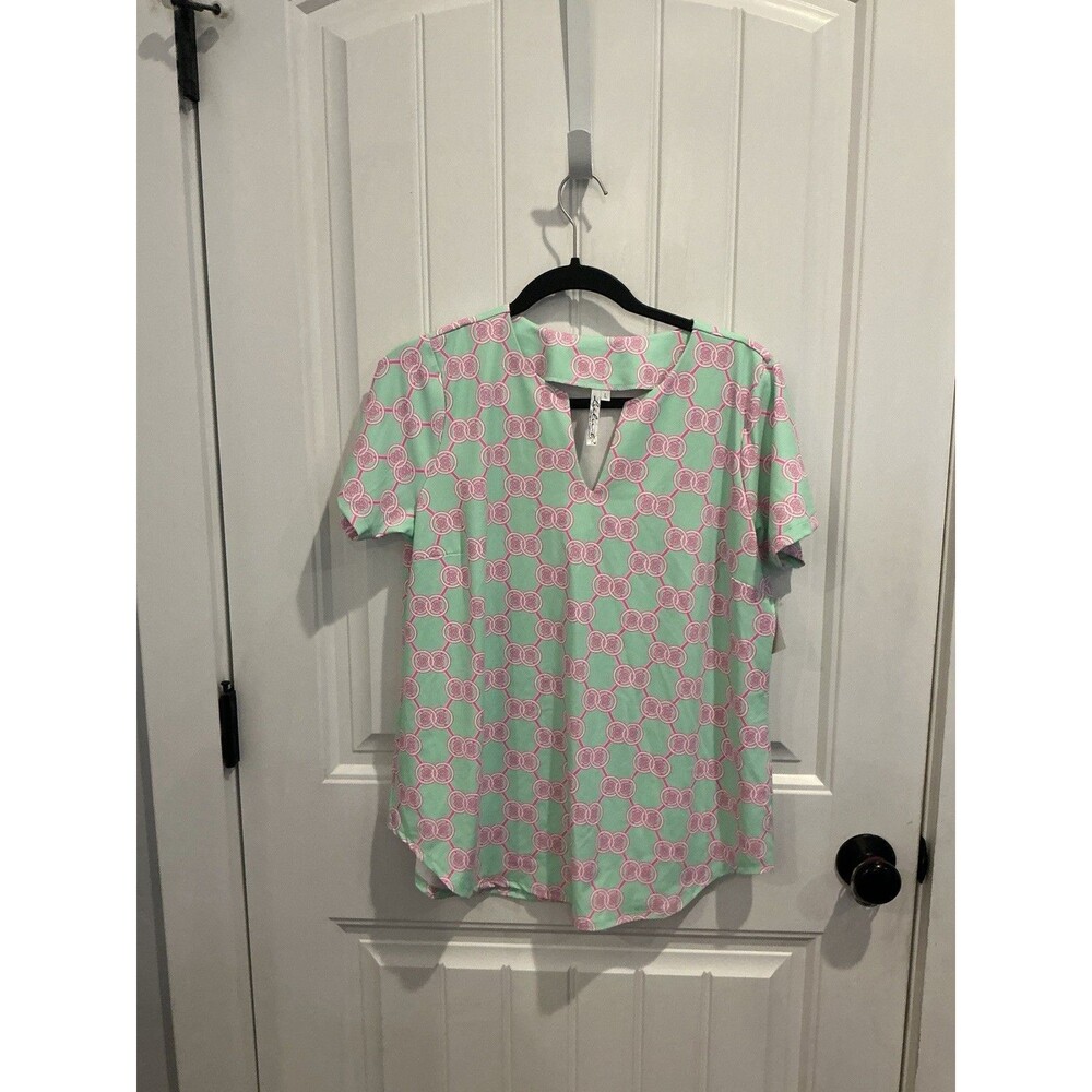 NWT Lulu-B Top Womens L Mint Green Pink Geometric Short Sleeve Resort Golf